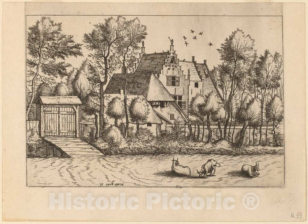 Art Print : Doetechum, Country House with a Ditch, c.1560 - Vintage Wall Art