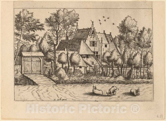 Art Print : Doetechum, Country House with a Ditch, c.1560 - Vintage Wall Art