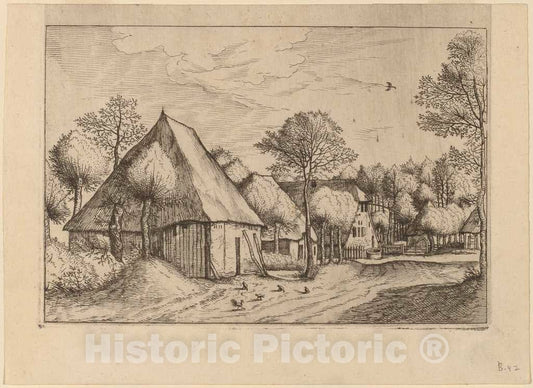 Art Print : Doetechum, A Farmyard with a Draw Well, c.1560 - Vintage Wall Art