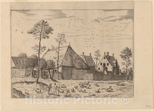 Art Print : Doetechum, Shed with Cottage, c.1560 - Vintage Wall Art
