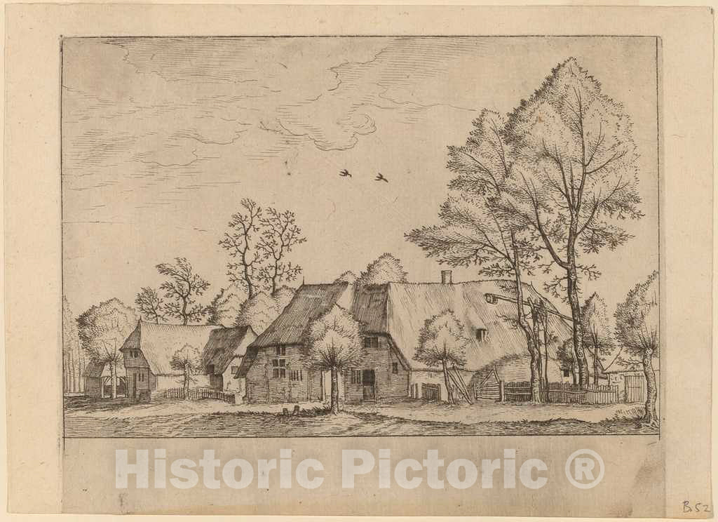 Art Print : Doetechum, Large Farm with Draw Well, c.1560 - Vintage Wall Art