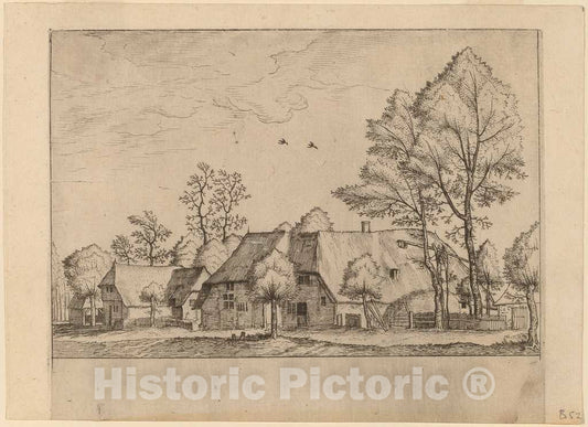 Art Print : Doetechum, Large Farm with Draw Well, c.1560 - Vintage Wall Art