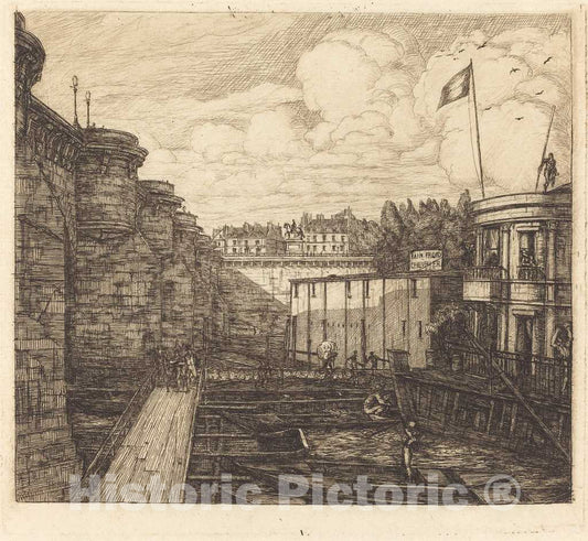 Art Print : Charles Meryon, Bain-Froid chevrier, dit de l'Ã‰cole (Chevrier's Cold-Bath Establishment, Sometimes Called The School-Baths), 1864 - Vintage Wall Art