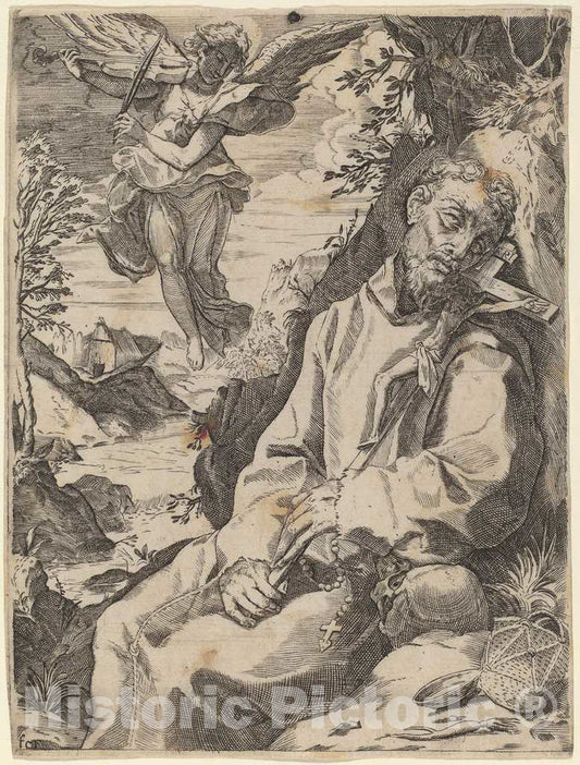 Art Print : Carracci After Agostino Carracci, Saint Francis Consoled by The Musical Angel - Vintage Wall Art