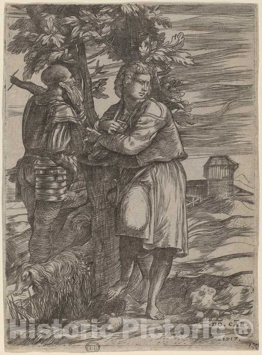 Art Print : Domenico Campagnola, The Shepherd and The Old Warrior, 1517 - Vintage Wall Art