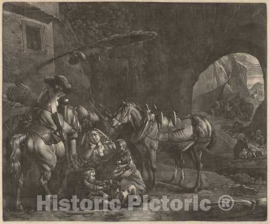 Art Print : Jan Van Huchtenburgh, Mother with Two Children and a Horse in Front of an Inn - Vintage Wall Art