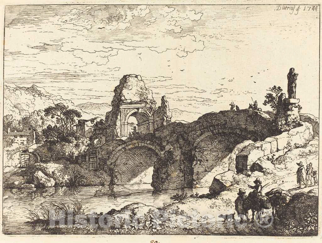 Art Print : Christian Wilhelm Ernst Dietrich, Landscape with a Bridge and Ruined Tower, 1744 - Vintage Wall Art