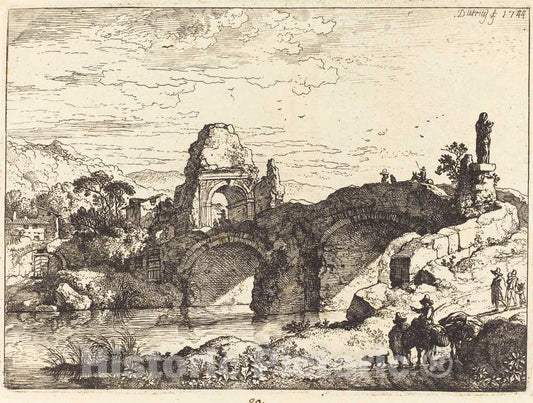 Art Print : Christian Wilhelm Ernst Dietrich, Landscape with a Bridge and Ruined Tower, 1744 - Vintage Wall Art