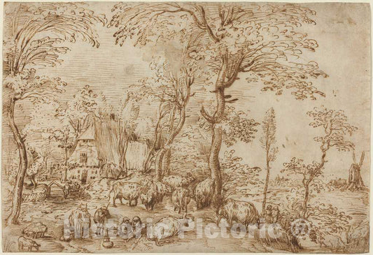 Art Print : Bruegel The Elder, Peasants and Cattle Near a Farmhouse, c.1554 - Vintage Wall Art