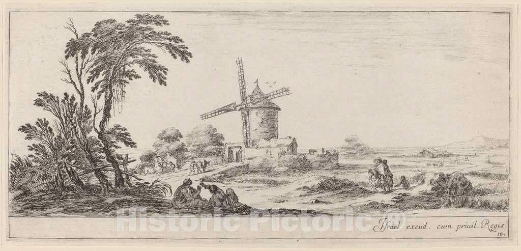 Art Print : Stefano Della Bella, Landscape with Windmill, in or Before 1647 - Vintage Wall Art