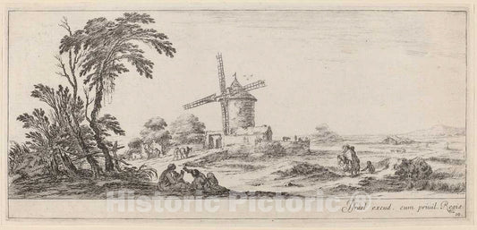 Art Print : Stefano Della Bella, Landscape with Windmill, in or Before 1647 - Vintage Wall Art