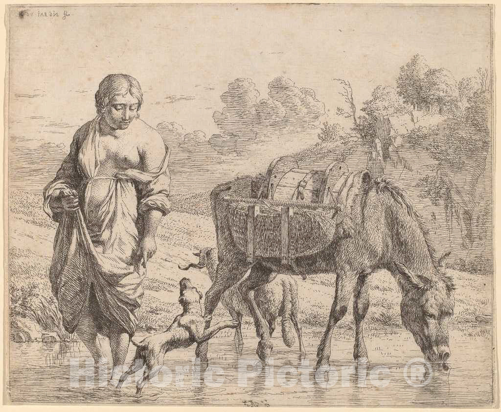 Art Print : Dujardin, Woman Crossing a Stream, 1662 - Vintage Wall Art