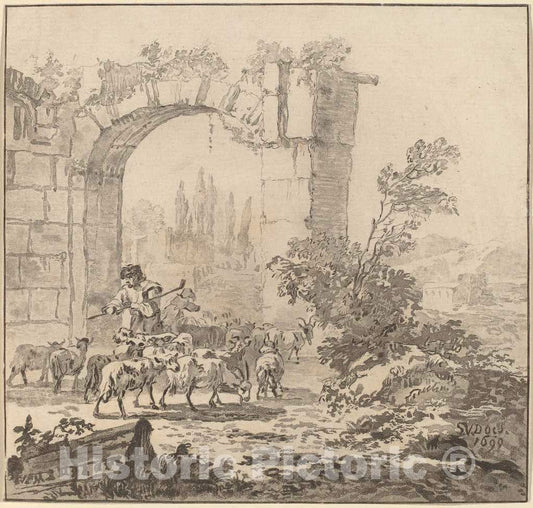 Art Print : Amstel and Brouwer After Van der Does, Flock of Goats, 1781 - Vintage Wall Art