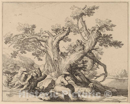 Art Print : Bloemaert After Bloemaert, A Man and His Dog Resting by a Great Tree - Vintage Wall Art
