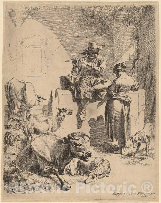 Art Print : Nicolaes Pietersz Berchem, The Shepherd Seated on a Fountain and The Spinner, 1652 - Vintage Wall Art
