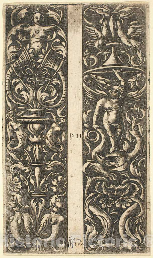 Art Print : Daniel Hopfer, Ornament with Sirens and Ornament with Genius - Vintage Wall Art