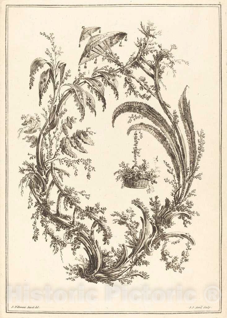 Art Print : Avril I After Pillement, Ornament with Parasol and Hanging Basket - Vintage Wall Art