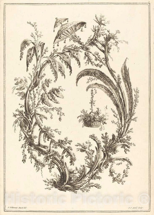 Art Print : Avril I After Pillement, Ornament with Parasol and Hanging Basket - Vintage Wall Art