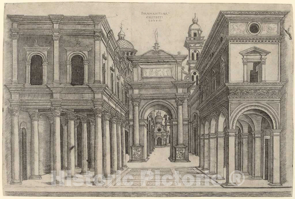 Art Print : Zoan After Bramante, A Street with Various Buildings, Colonnades and an Arch, c.1505 - Vintage Wall Art