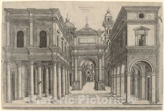 Art Print : Zoan After Bramante, A Street with Various Buildings, Colonnades and an Arch, c.1505 - Vintage Wall Art