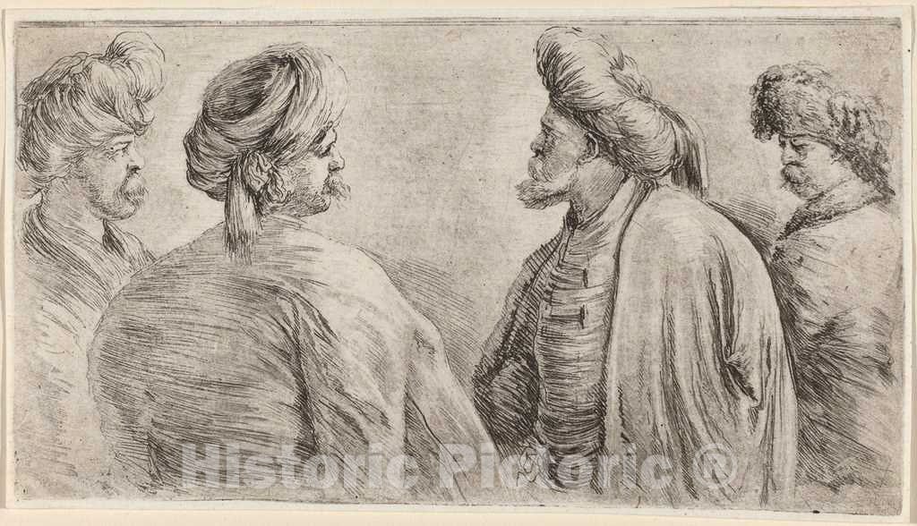 Art Print : Stefano Della Bella, Four Turks Wearing Turbans, 1662 - Vintage Wall Art