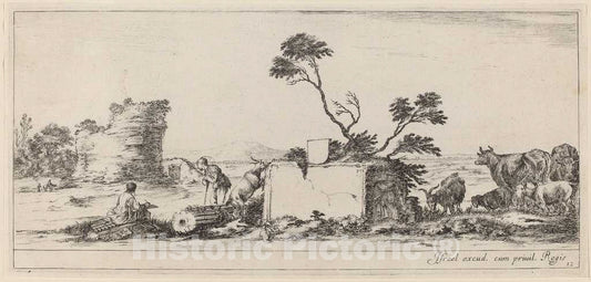 Art Print : Stefano Della Bella, Campagna Scene with Artist Sketching, in or Before 1647 - Vintage Wall Art