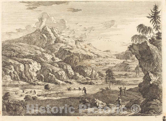 Art Print : Georg Eisenmann, Mountainous Riverscape with Figures - Vintage Wall Art