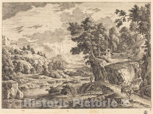Art Print : Georg Eisenmann, Landscape with a Bridge and Three Farm Buildings - Vintage Wall Art