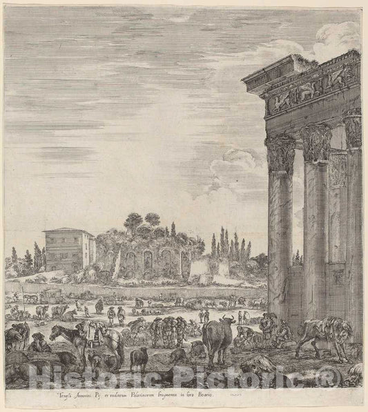 Art Print : Stefano Della Bella, Temple of Antonius and The Campo Vaccino, 1656 - Vintage Wall Art