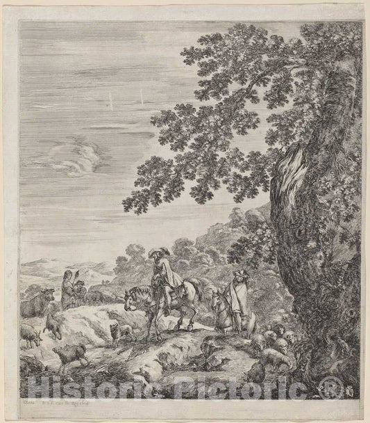 Art Print : Stefano Della Bella, Two Riders Passing Near a Herd of Animals, 1656 - Vintage Wall Art