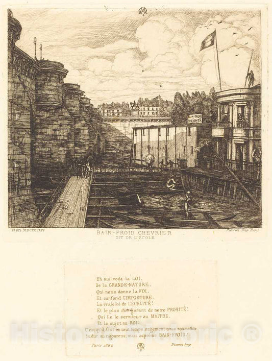 Art Print : Charles Meryon, Bain-Froid chevrier, dit de l'Ã‰cole (Chevrier's Cold-Bath Establishment, Sometimes Called The School-Baths), 1864 - Vintage Wall Art