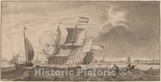 Art Print : Amstel and Schreuder After Backhuysen, War Vessel in The Y, 1768 - Vintage Wall Art