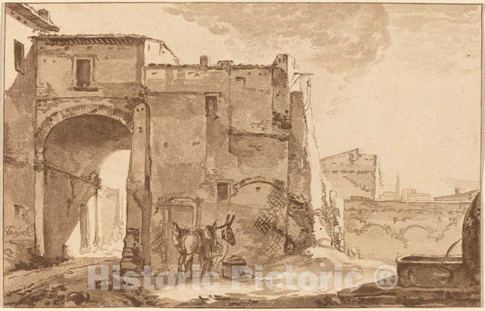 Art Print : Amstel and Brouwer After Wyck, Gateway with Traveler and Mule, 1781 - Vintage Wall Art