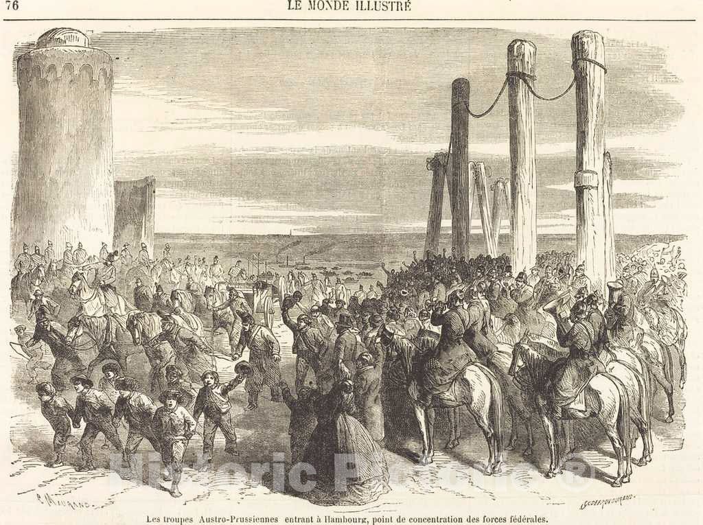 Art Print : Maurand After Godefroy Durand, Les troupes Austro-Prussiennes Entrant a Hambourg [top Half], 1864 - Vintage Wall Art