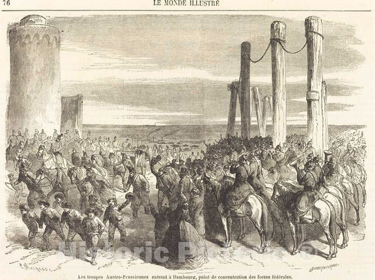 Art Print : Maurand After Godefroy Durand, Les troupes Austro-Prussiennes Entrant a Hambourg [top Half], 1864 - Vintage Wall Art