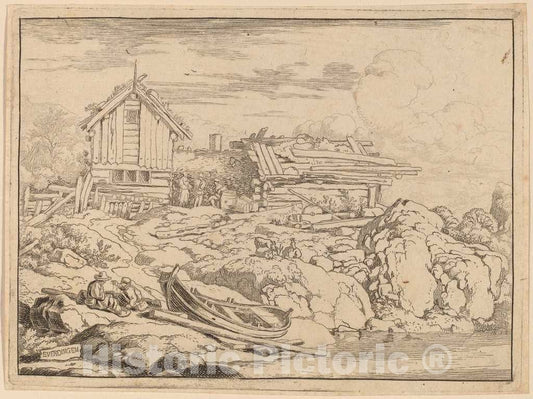 Art Print : Allart Van Everdingen, Boat at a River Bank with Three Goats, c.1651 - Vintage Wall Art