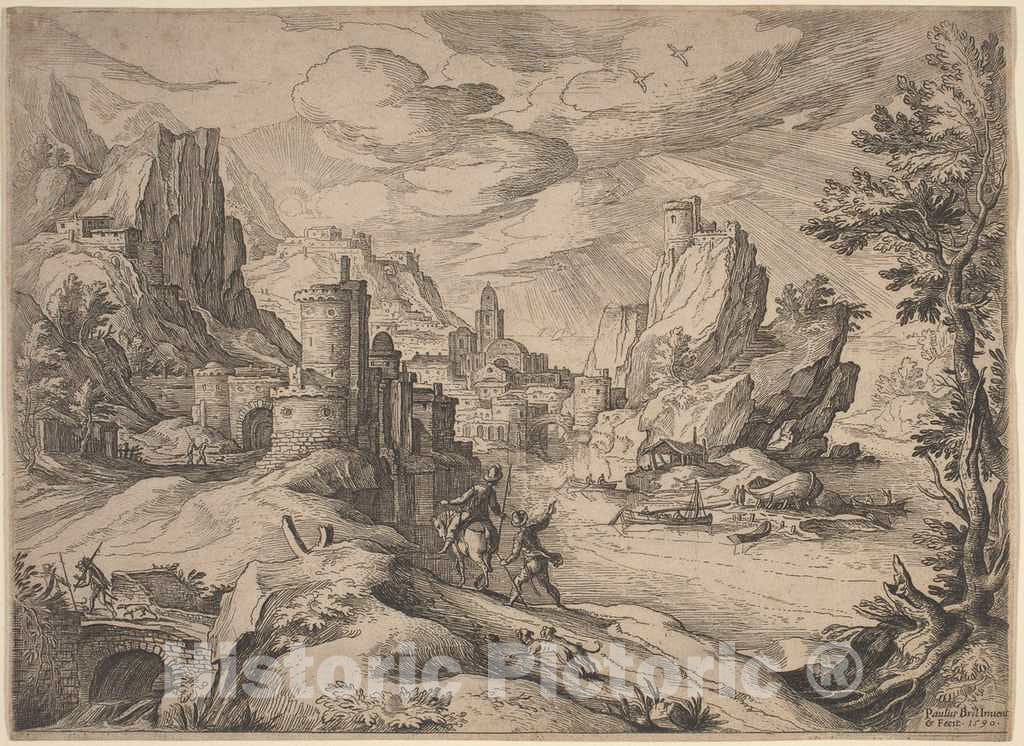 Art Print : Paul Bril, River Landscape with Travelers - Vintage Wall Art