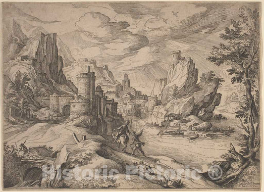 Art Print : Paul Bril, River Landscape with Travelers - Vintage Wall Art