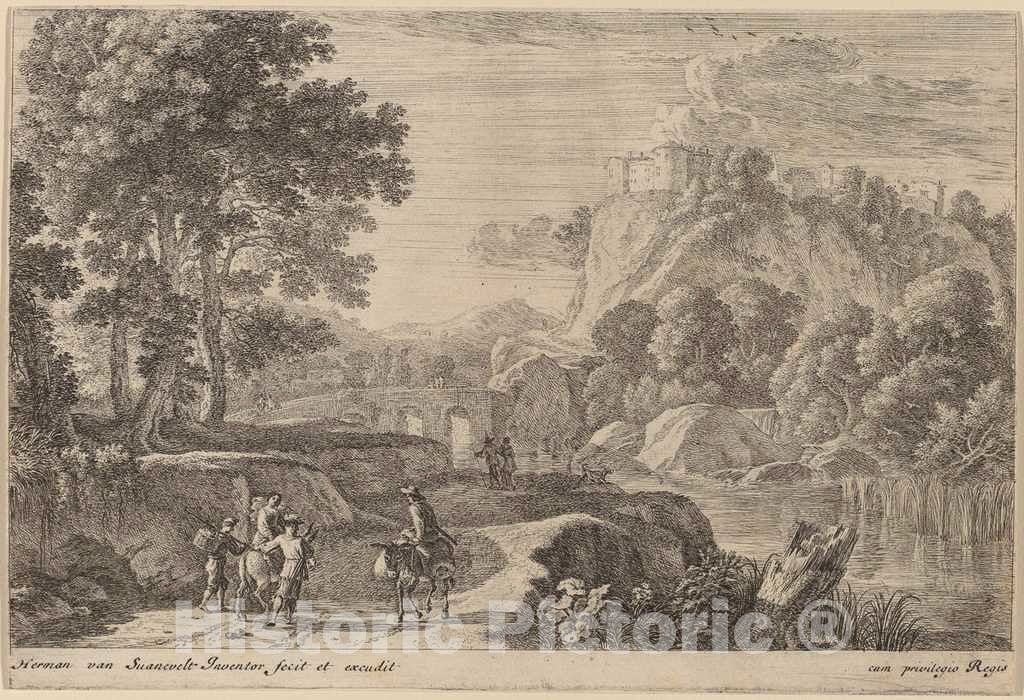 Art Print : Herman Van Swanevelt, Travelers on Road to Left of a Stream - Vintage Wall Art