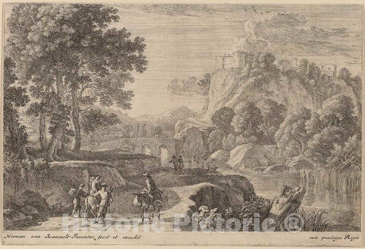 Art Print : Herman Van Swanevelt, Travelers on Road to Left of a Stream - Vintage Wall Art