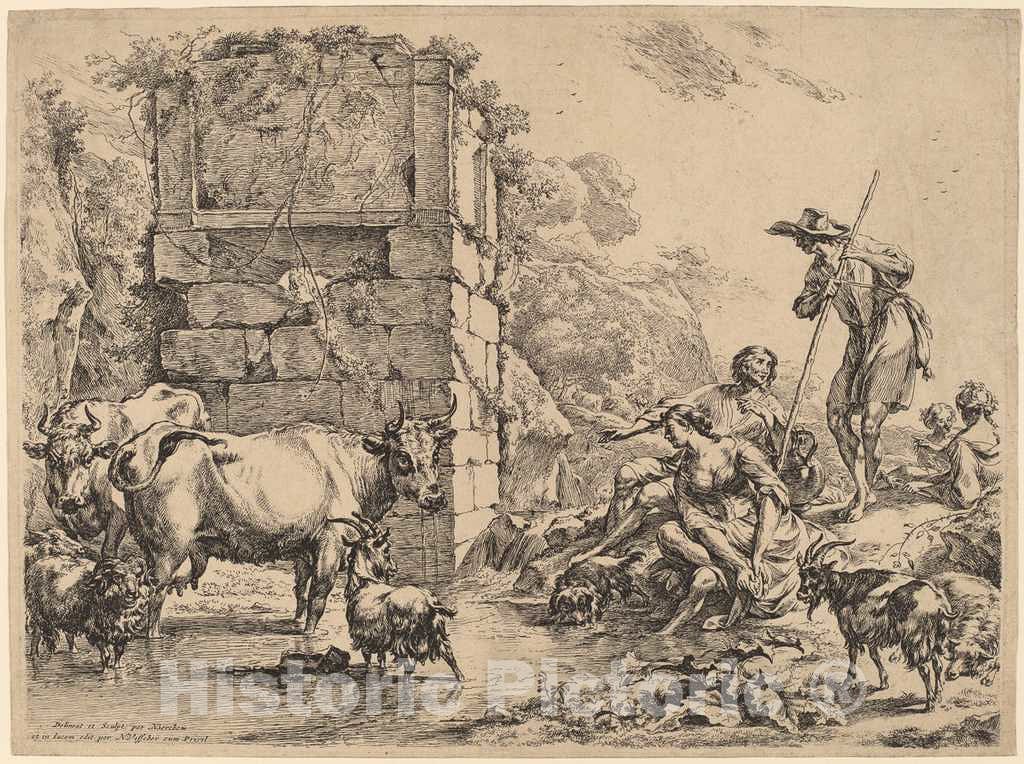Art Print : Nicolaes Pietersz Berchem, Cow Drinking, 1680 - Vintage Wall Art