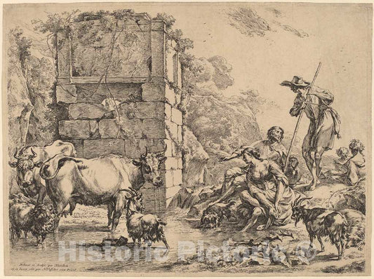 Art Print : Nicolaes Pietersz Berchem, Cow Drinking, 1680 - Vintage Wall Art