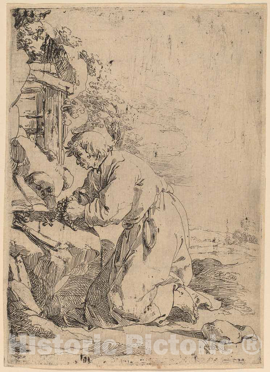 Art Print : Andries Both, The Kneeling Hermit Facing Left - Vintage Wall Art