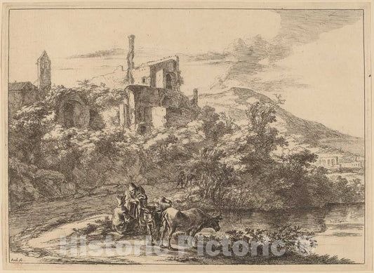 Art Print : Jan Both, Two Cows Near The River at Tivoli - Vintage Wall Art