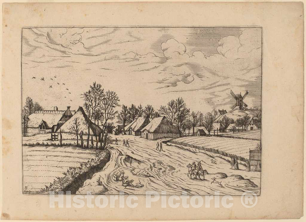 Art Print : Johannes and Lucas Van Doetechum, Country Village with Post Mill, in or Before 1676 - Vintage Wall Art