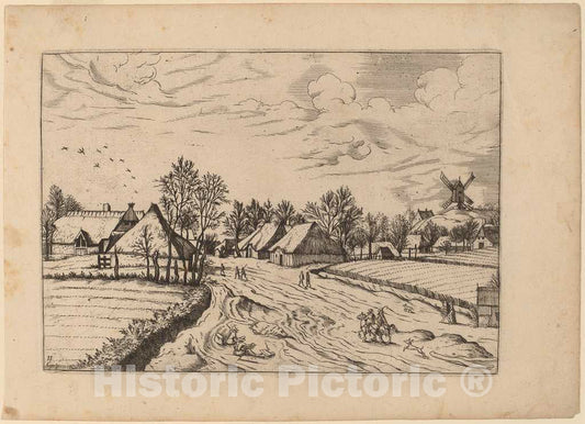 Art Print : Johannes and Lucas Van Doetechum, Country Village with Post Mill, in or Before 1676 - Vintage Wall Art