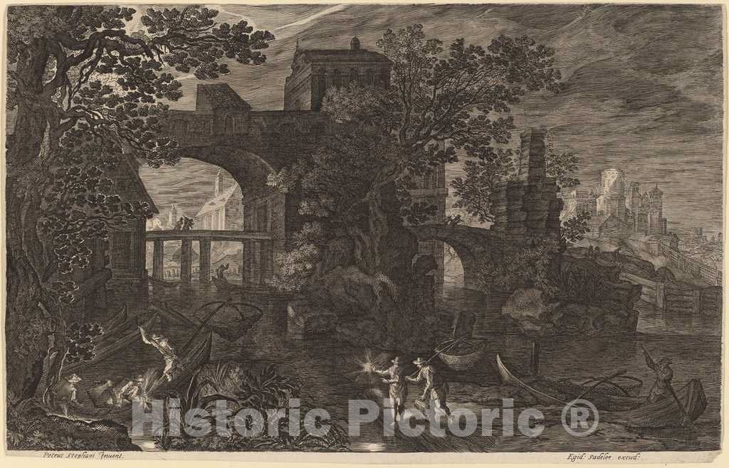 Art Print : Sadeler II After Stevens, Nocturnal Landscape with River Fishermen Outside City Walls - Vintage Wall Art