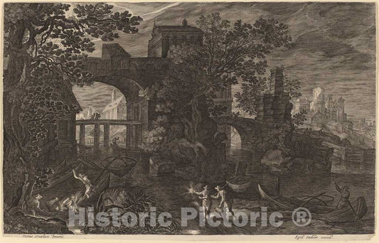 Art Print : Sadeler II After Stevens, Nocturnal Landscape with River Fishermen Outside City Walls - Vintage Wall Art