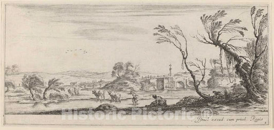 Art Print : Stefano Della Bella, Landscape with Peasant Preparing to Cross a Stream, in or Before 1647 - Vintage Wall Art