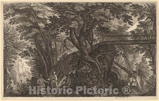 Art Print : Sadeler II After Stevens, Forest Landscape with Two Men and a Woman Resting Near a Bridge - Vintage Wall Art
